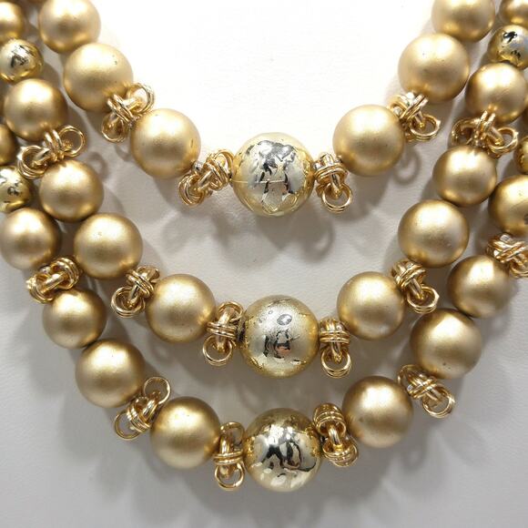Vintage Japan Art Bead Gold Necklace, 3 Strands, 1950s, 18" - Picture 2 of 10